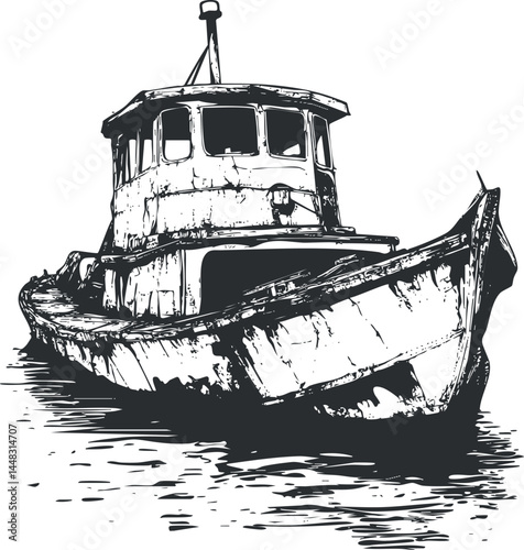 Black and white sketch of an old fishing boat on water with rustic details and reflections