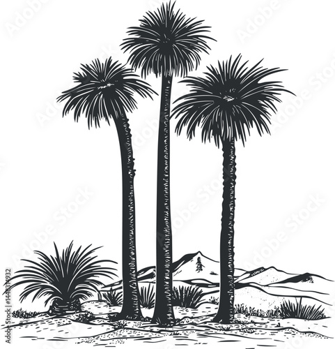 Black and white silhouette of palm trees and desert plants in a dry, arid landscape with mountains.