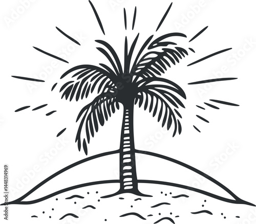 Black and white illustration of a palm tree on a small island with sun rays shining around it