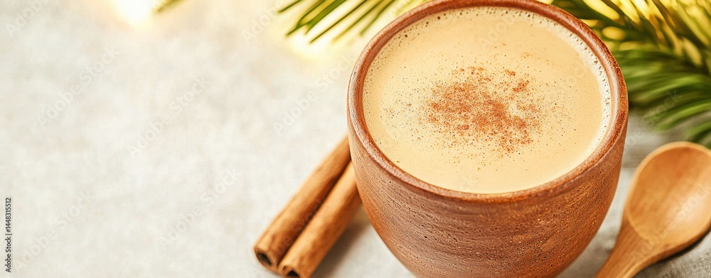 Rustic Hojicha Latte in a Handcrafted Clay Cup with Cinnamon Garnish Rustic Hojicha Latte in a Handcrafted Clay Cup with Cinnamon Garnish