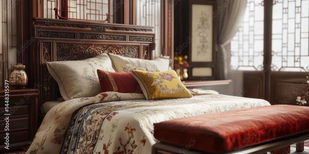 A bed with a red pillow and a yellow pillow. The bed is surrounded by a lot of pillows and a red ottoman