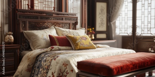 Obraz na płótnie A bed with a red pillow and a yellow pillow. The bed is surrounded by a lot of pillows and a red ottoman w salonie