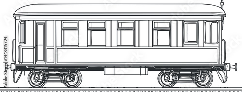 Side view illustration of a vintage train railcar carriage on railroad tracks for transportation and travel