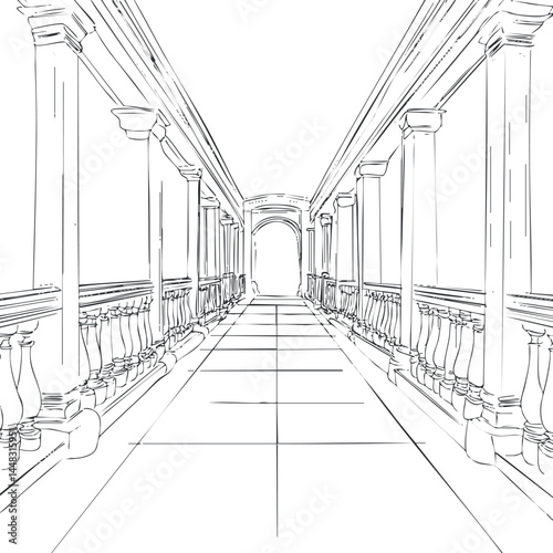 Black and white sketch of a long classical corridor with columns and balustrades in perspective view