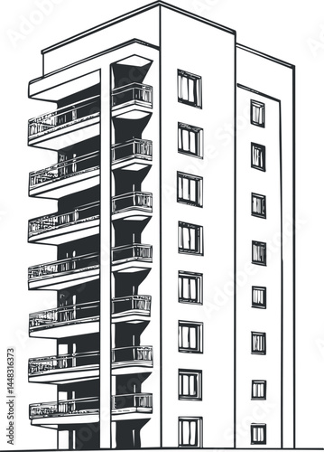 Black and white illustration of a modern multi-storey apartment building with balconies and windows