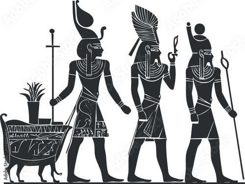 Ancient Egyptian hieroglyphic style illustration depicting three standing gods or pharaohs with traditional headdresses and staffs.
