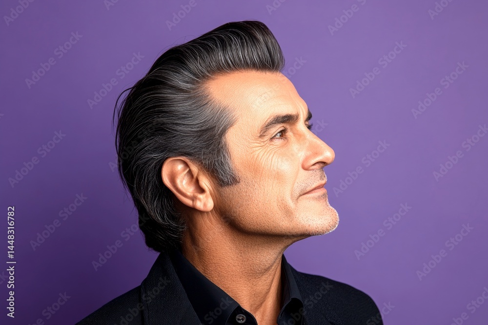 Purple solid background. A midlife gentleman with grace and sophistication. Classy men's quiff haircut - midlife white man with black hair. Creative of style for aging men.