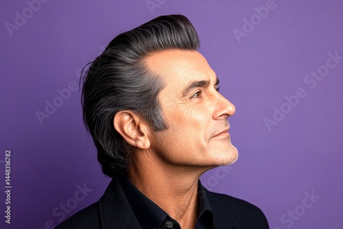 Obraz na płótnie Purple solid background. A midlife gentleman with grace and sophistication. Classy men's quiff haircut - midlife white man with black hair. Creative of style for aging men. w salonie
