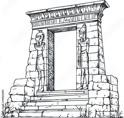 Ancient Egyptian stone doorway with carved statues and hieroglyphics at temple ruins