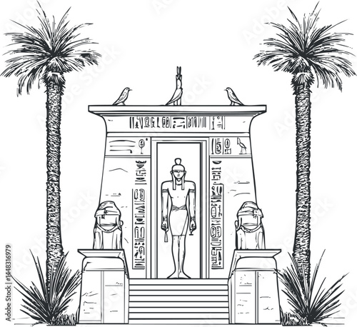 Ancient Egyptian temple entrance with statue, hieroglyphics, and palm trees, symbolizing historical culture.