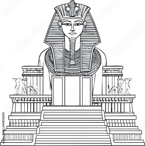 Black and white illustration of an ancient Egyptian pharaoh statue with architectural steps and columns