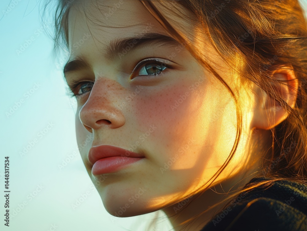 A young woman with freckles looking into the distance. Her face is illuminated by sunlight, creating a warm and serene atmosphere.