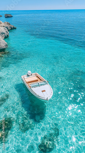 A small motorboat rests in crystal-clear turquoise water near a rocky shore under a bright blue sky