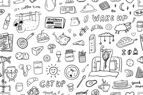 Seamless pattern of wake up theme in doodle style. Good morning, get up, sun, alarm clock, sloth, cup of coffee, breakfast, the girl woke up, breakfast, Viennese waffles, tea, milk, biscuits