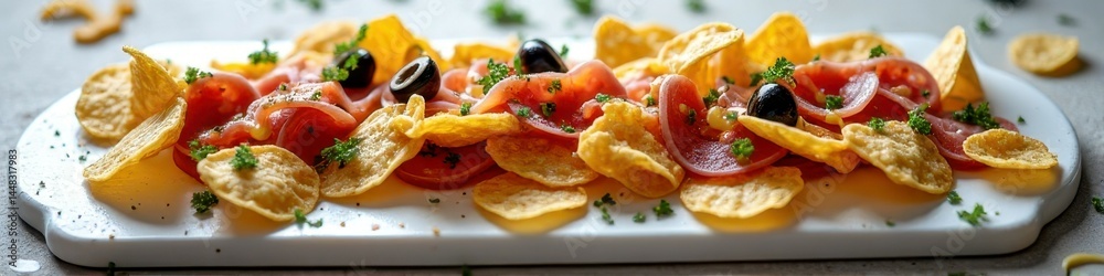 Delicious platter with chips, olives, sliced tomatoes, and herbs on white surface Delicious platter with chips, olives, sliced tomatoes, and herbs on white surface