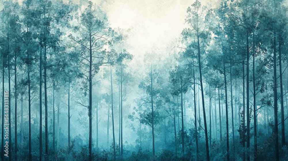 Fototapeta premium Misty teal forest scene, tall slender trees, soft light filtering through, evokes tranquility and serenity, ideal for calming background