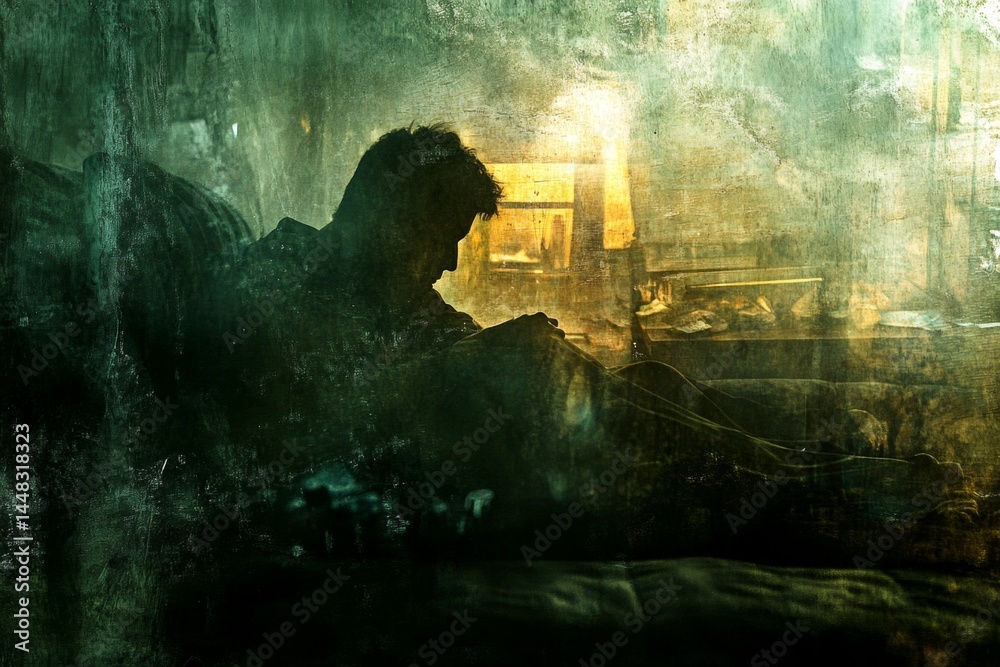 Metaphorical trapped in darkness physical senses, of fear and despair. Anxiety nightmare. Distorted sleep visions. Trapped in darkness - nightmares, bad dreams: abstract image of mental state.