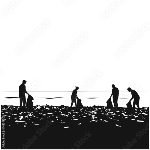 Silhouettes of People Cleaning Litter on the Beach