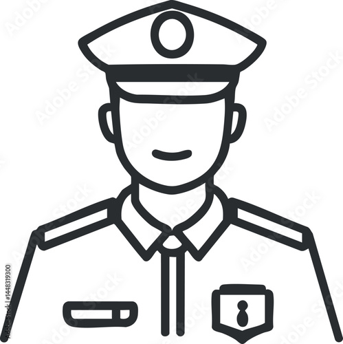 Black and white line icon of a police officer in uniform with a cap and badge on white background