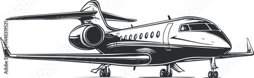 Black and white illustration of a private jet airplane on the runway ready for takeoff or landing