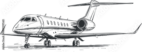Black and white sketch of a private jet airplane on the runway ready for takeoff or landing