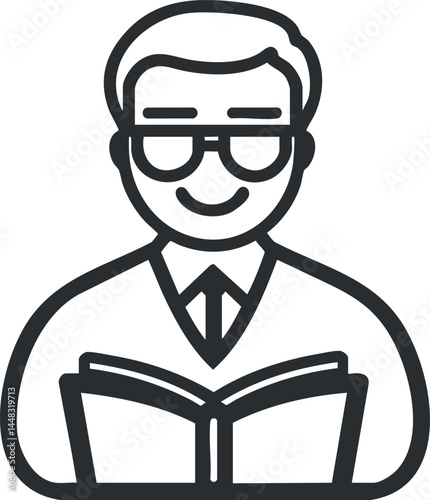 Line art icon of a smiling man wearing glasses reading a book, symbolizing education and knowledge