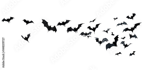 A dynamic swarm of bats flying in unison against a twilight sky. showcasing their intricate wing patterns and silhouettes. ideal for nature and wildlife themes