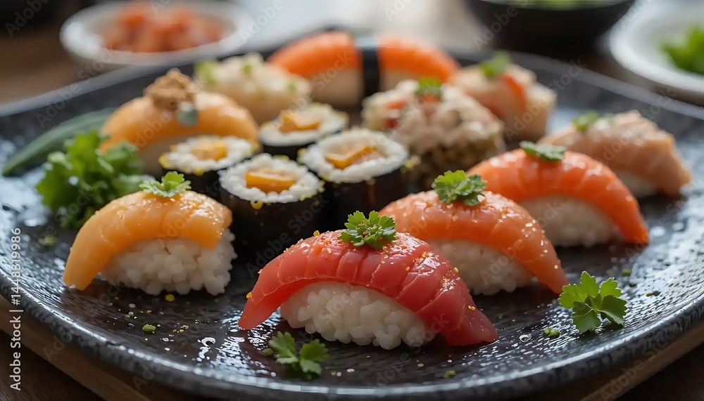 A delectable platter featuring a vibrant assortment of assorted sushi varieties A delectable platter featuring a vibrant assortment of assorted sushi varieties