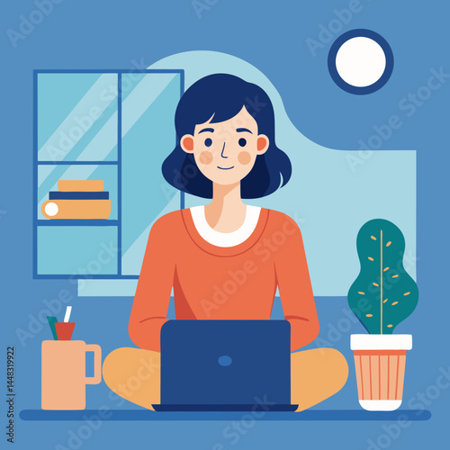 Young Woman Working Remotely on Laptop at Home Vector Illustration