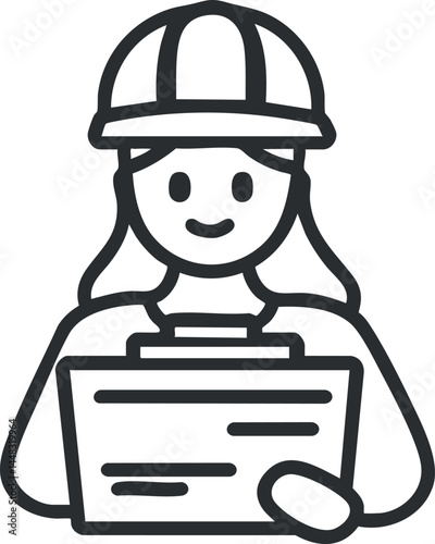 Outline drawing of a female engineer wearing a helmet and holding a clipboard for construction or inspection work