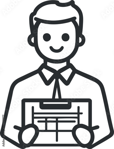 Line icon of a businessman holding a clipboard with a report or document, smiling