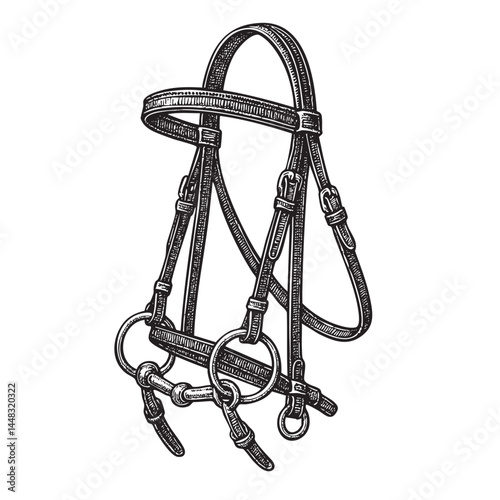 horse bridle woodcut engraving vector illustration
