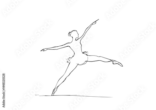 Ballerina leaping gracefully in dynamic line art on white background