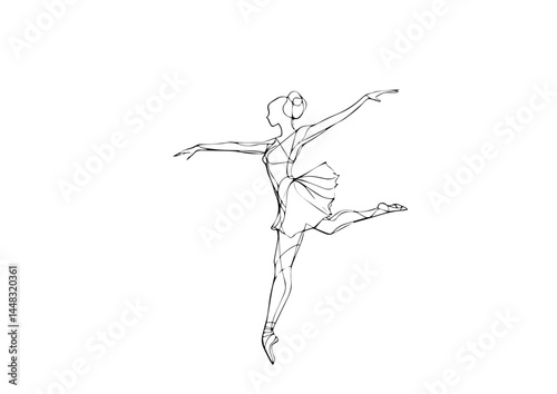 Ballerina in arabesque pose in flowing line art on white background