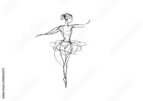 Ballerina dancing in flowing minimalist line art on white background