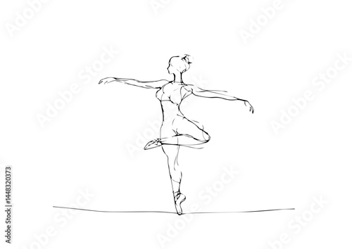 Ballerina balancing en pointe in flowing line art on white background