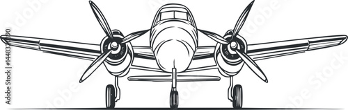 Black and white front view illustration of a propeller airplane with landing gear and wings extended