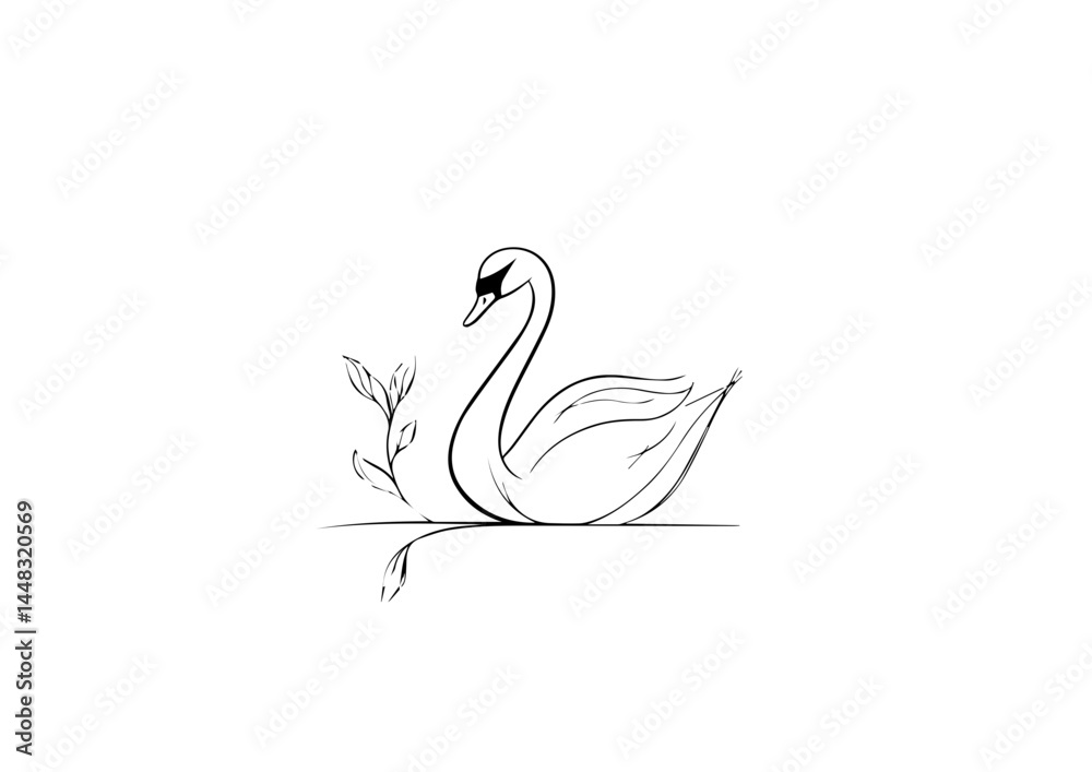 Fototapeta premium Swan illustration in elegant black line art with plant on white background