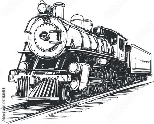 Black and white illustration of a vintage steam locomotive train on railroad tracks, depicting classic transportation technology.