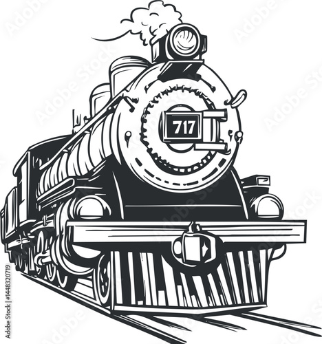 Black and white illustration of a vintage steam locomotive train front with smoke on railroad tracks