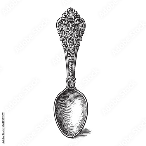 silver spoon ornate woodcut engraving vector illustration