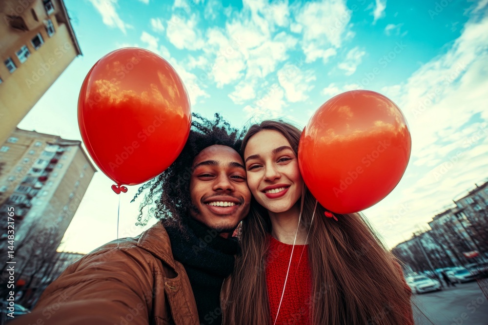 Valentine's day, enamored couple: extraordinary dazzling, image of loving interracial young lovers. Commercial ad campaign artwork. Sign of love and affection. Happy lovers. Couple goals.