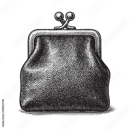 leather coin purse woodcut engraving vector illustration