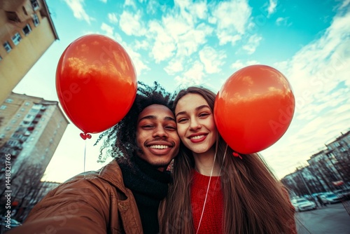 Obraz na płótnie Valentine's day, enamored couple: extraordinary dazzling, image of loving interracial young lovers. Commercial ad campaign artwork. Sign of love and affection. Happy lovers. Couple goals. w salonie