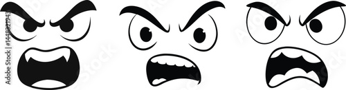 Set of vector angry smiley, gloomy, sullen emoji, or angry or furious smiley face expression. Vector angry, depressed emoticon with a cruel, savage smile and terrible emoji.