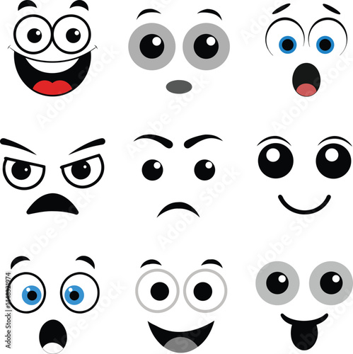 Set of different expression cartoon faces vector. happy, angry, stickers, badges, expression icon.