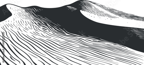 Black and white illustration of sand dunes in a desert landscape with textured patterns and shadows.