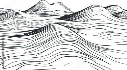 Black and white line art of mountainous landscape with contour lines showing hills and valleys