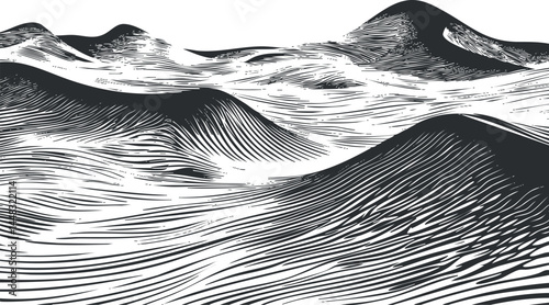 Black and white illustration of sand dunes in a desert landscape with textured lines and hills
