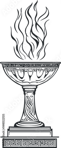 Illustration of an ancient decorative ceremonial bowl with stylized flames rising above it